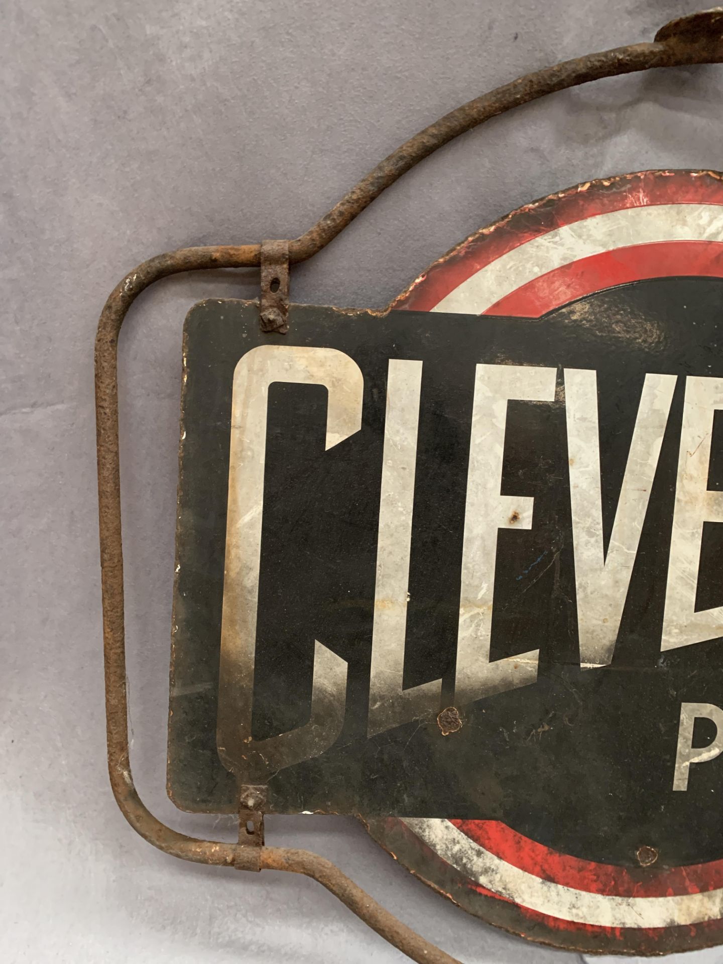 A Vintage Cleveland Petrols double sided revolving metal sign 67 x 60cm on metal frame - Image 3 of 9