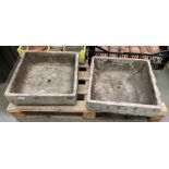 Two square ceramic plant containers 41 x 41 x 13cm - both have central drainage holes