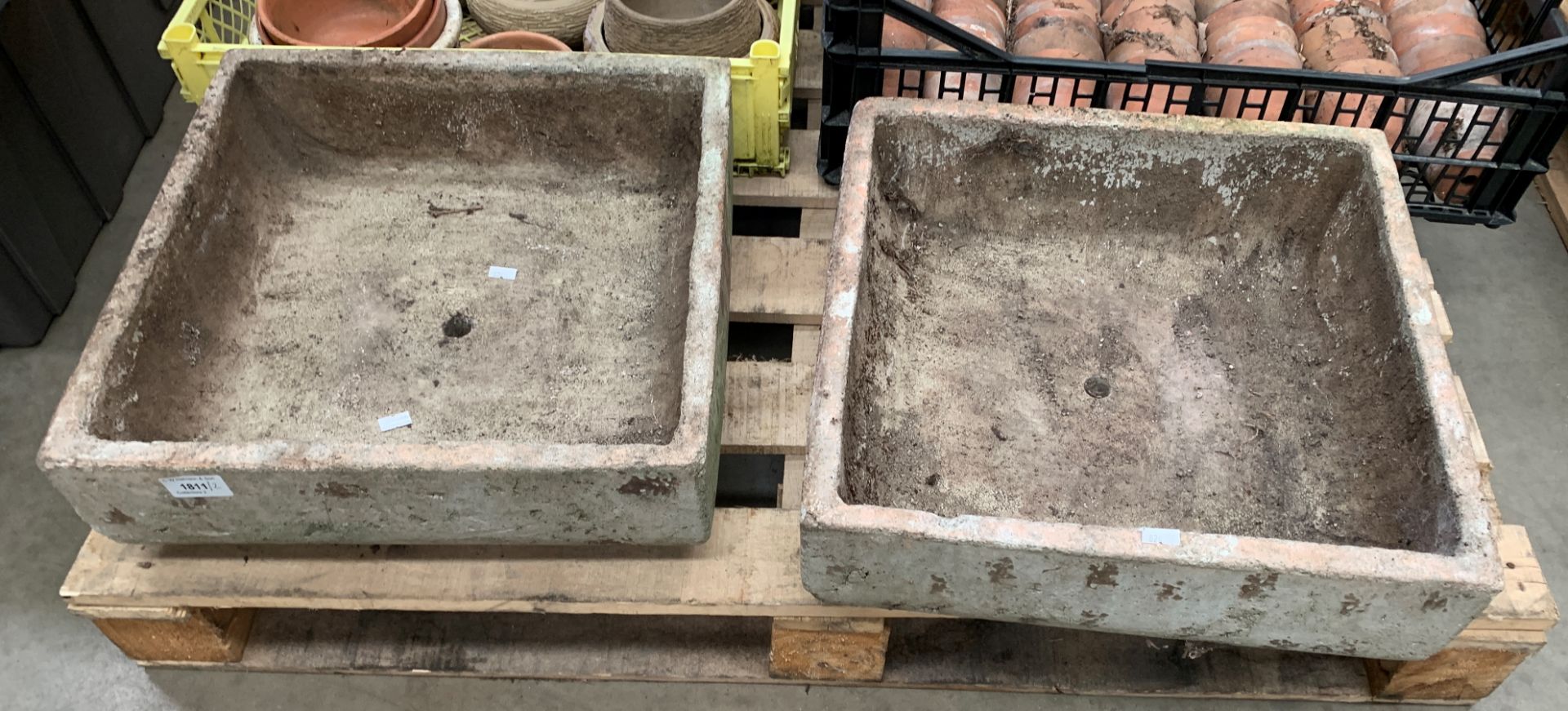 Two square ceramic plant containers 41 x 41 x 13cm - both have central drainage holes
