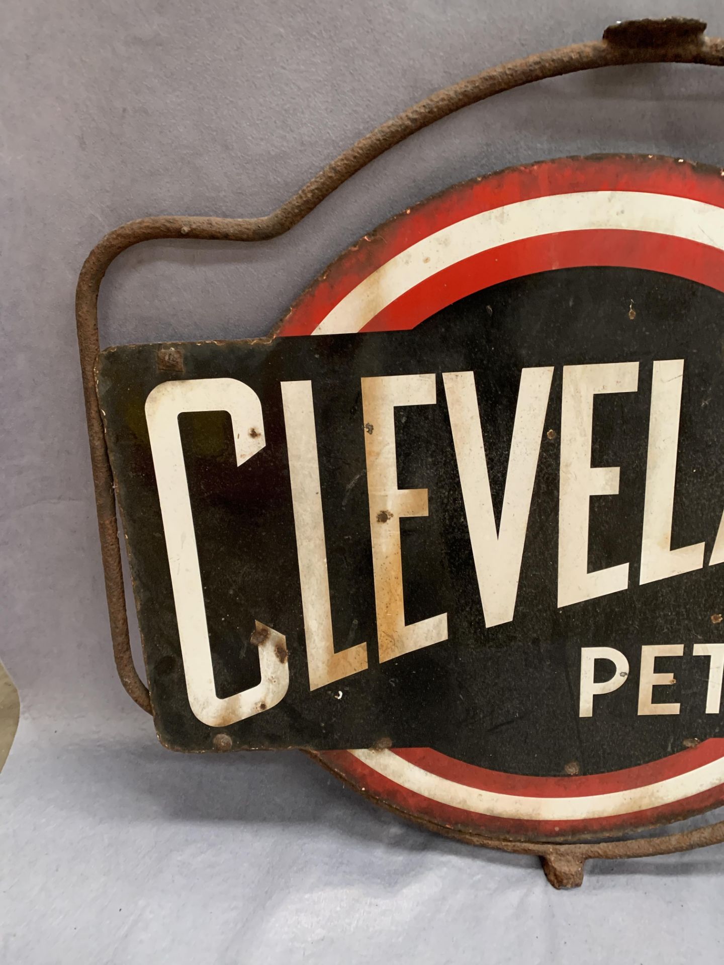 A Vintage Cleveland Petrols double sided revolving metal sign 67 x 60cm on metal frame - Image 7 of 9