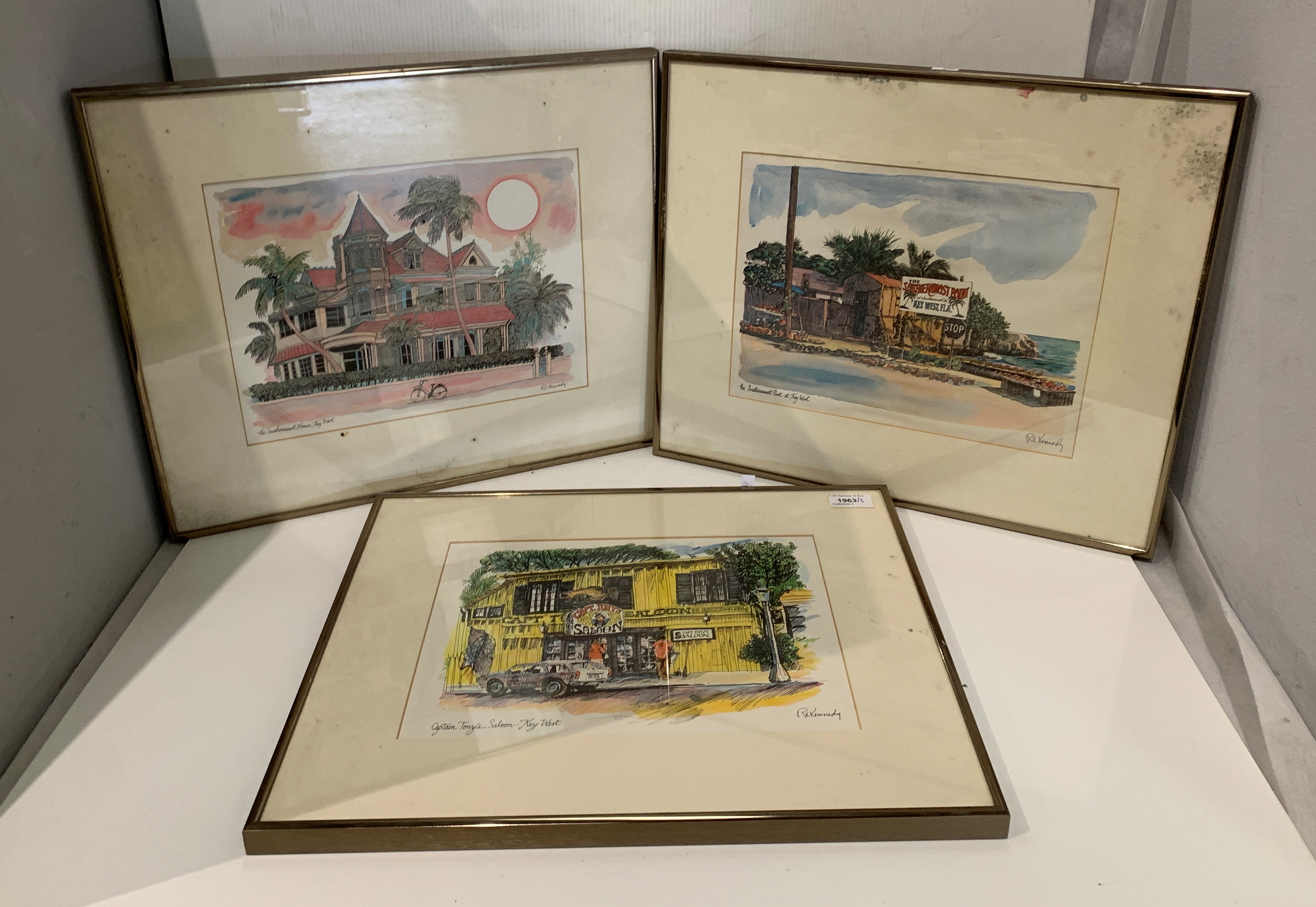 R E Kennedy three metal framed pen/ink and watercolours of Key West each 24 x 30cm prints