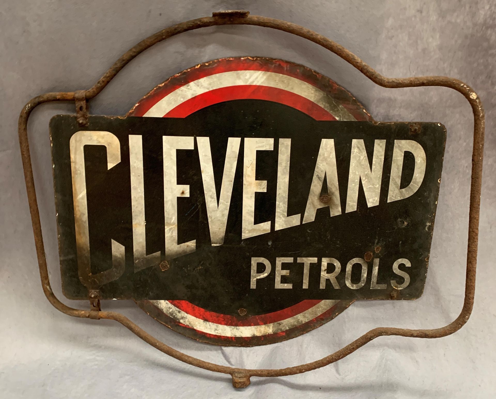 A Vintage Cleveland Petrols double sided revolving metal sign 67 x 60cm on metal frame