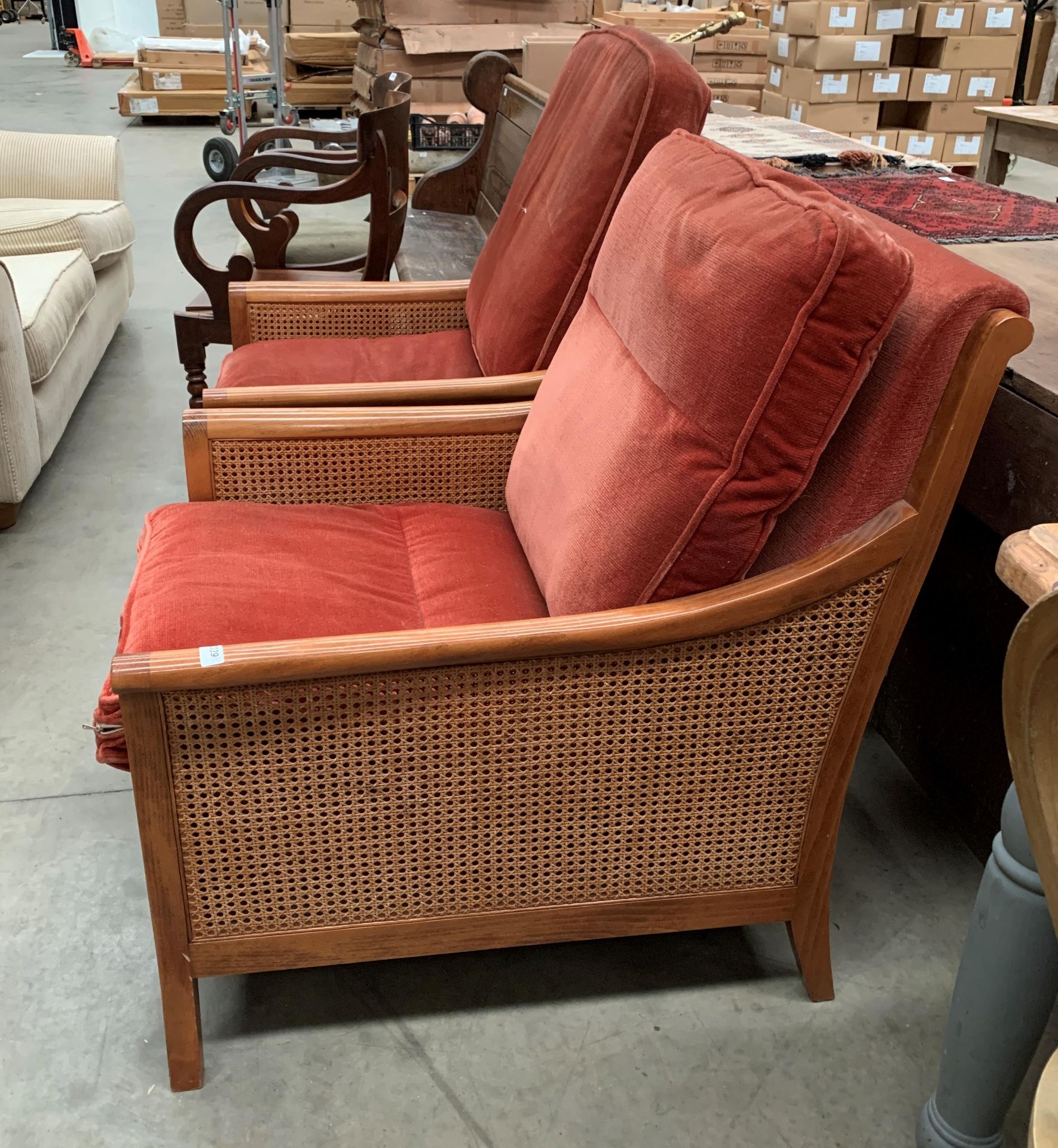 Two Parker Knoll Bergere style medium wood finish armchairs with pink upholstered seat and back - Image 2 of 2