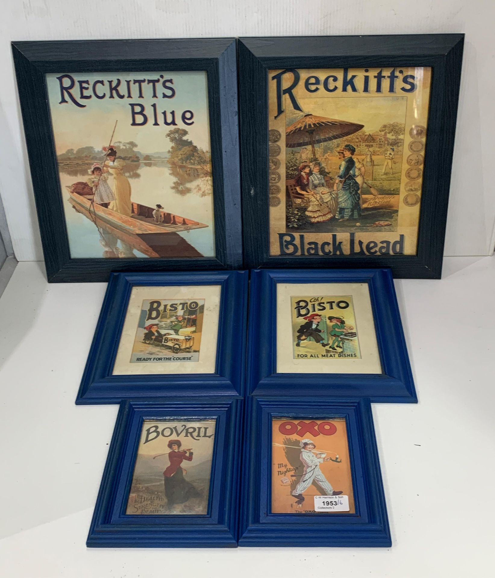 Six blue framed reproduction advertising prints - Oxo, Bovril,