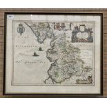 A framed hand coloured map of Lancastria Palatinatvs Anglis Lancaster et Lancashire 40 x 50cm