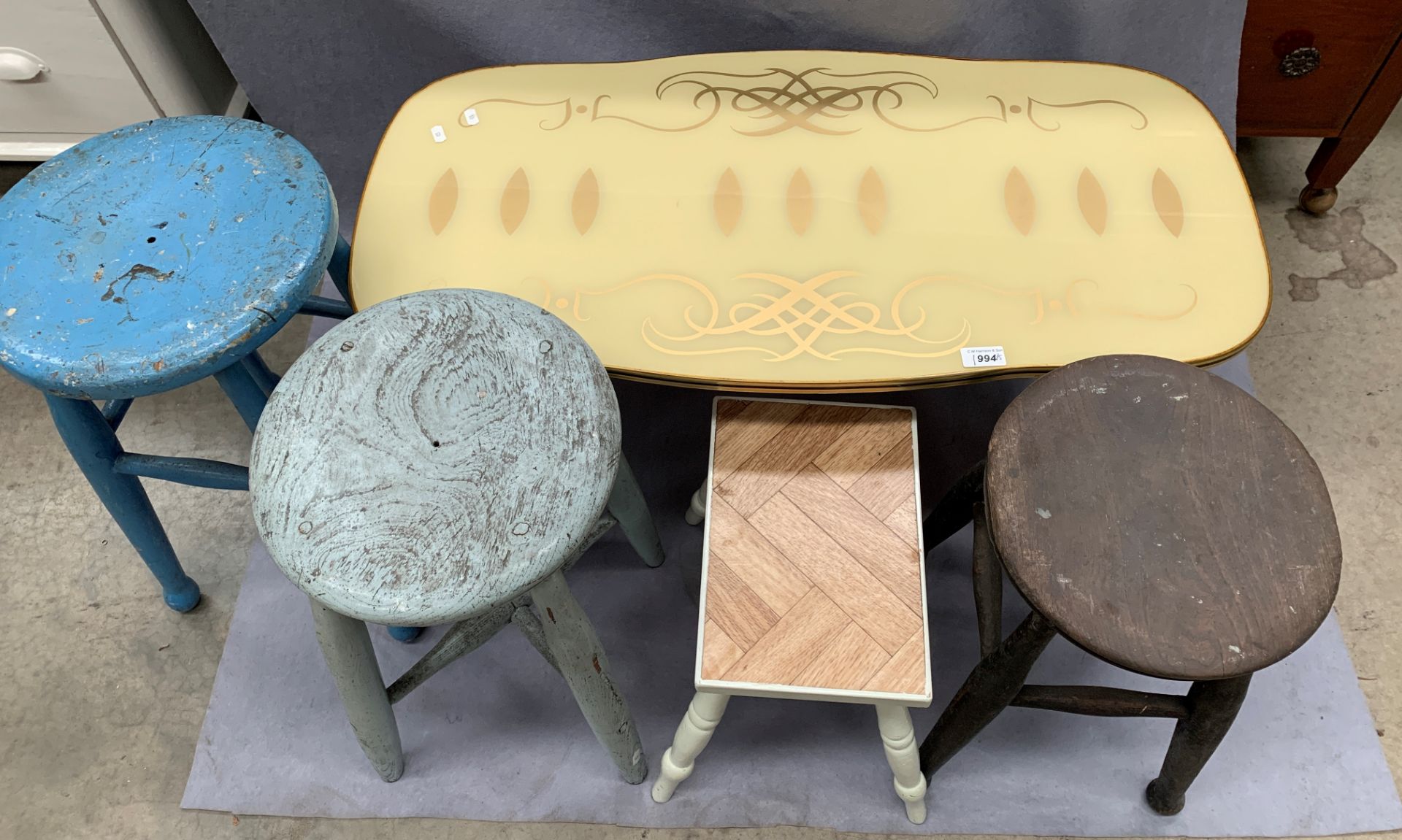 Four various painted stools and a mid 20th century perspex topped coffee table (5) - Image 2 of 2
