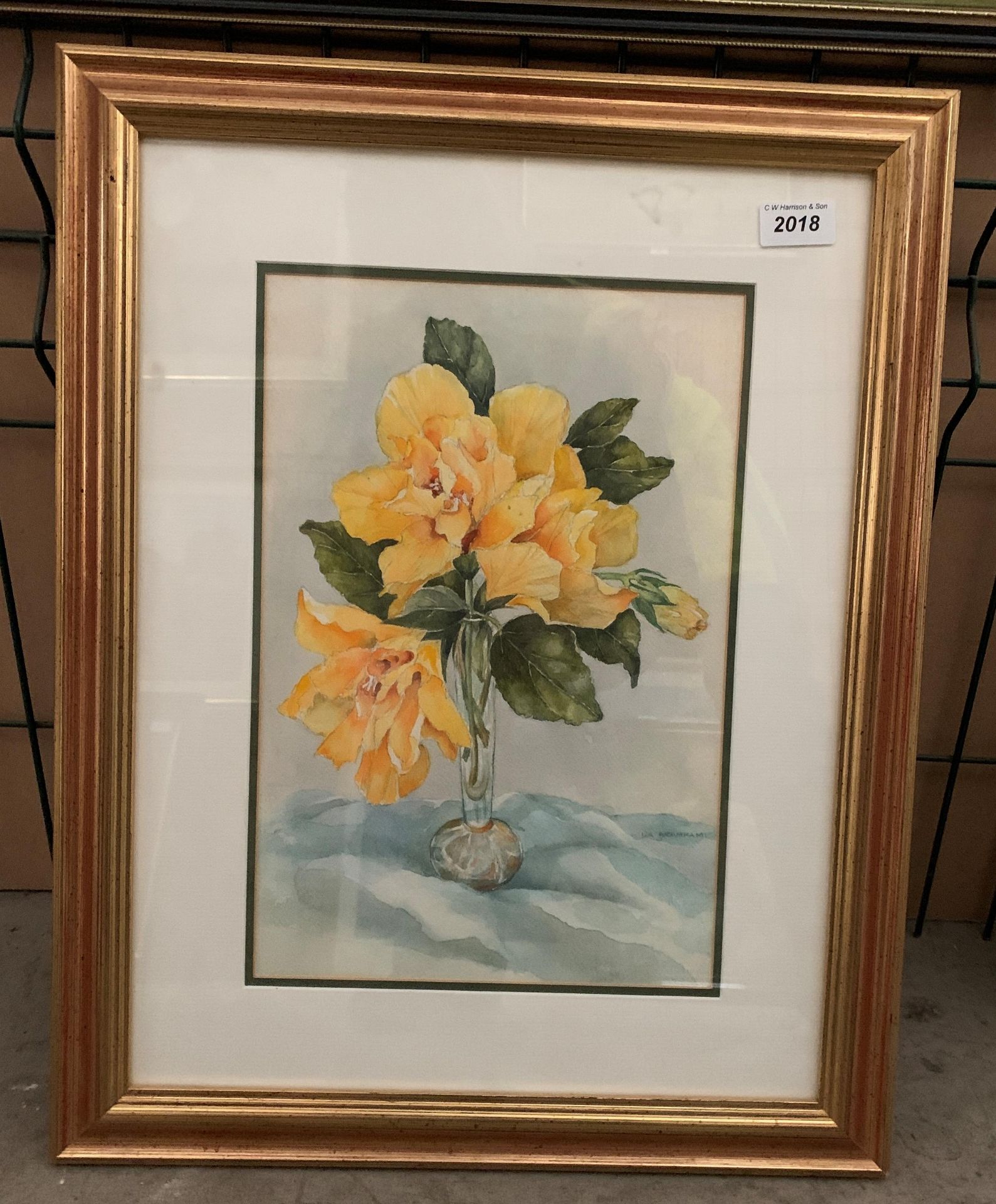 Ida Braham framed watercolour still life - 'flowers in a vase' 38 x 26cm signed label to verso