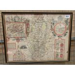 A framed hand coloured map of the County of Nottingham described the Shire Townes Situation and the