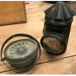 A small boat compass and a black painted Police lamp (2)