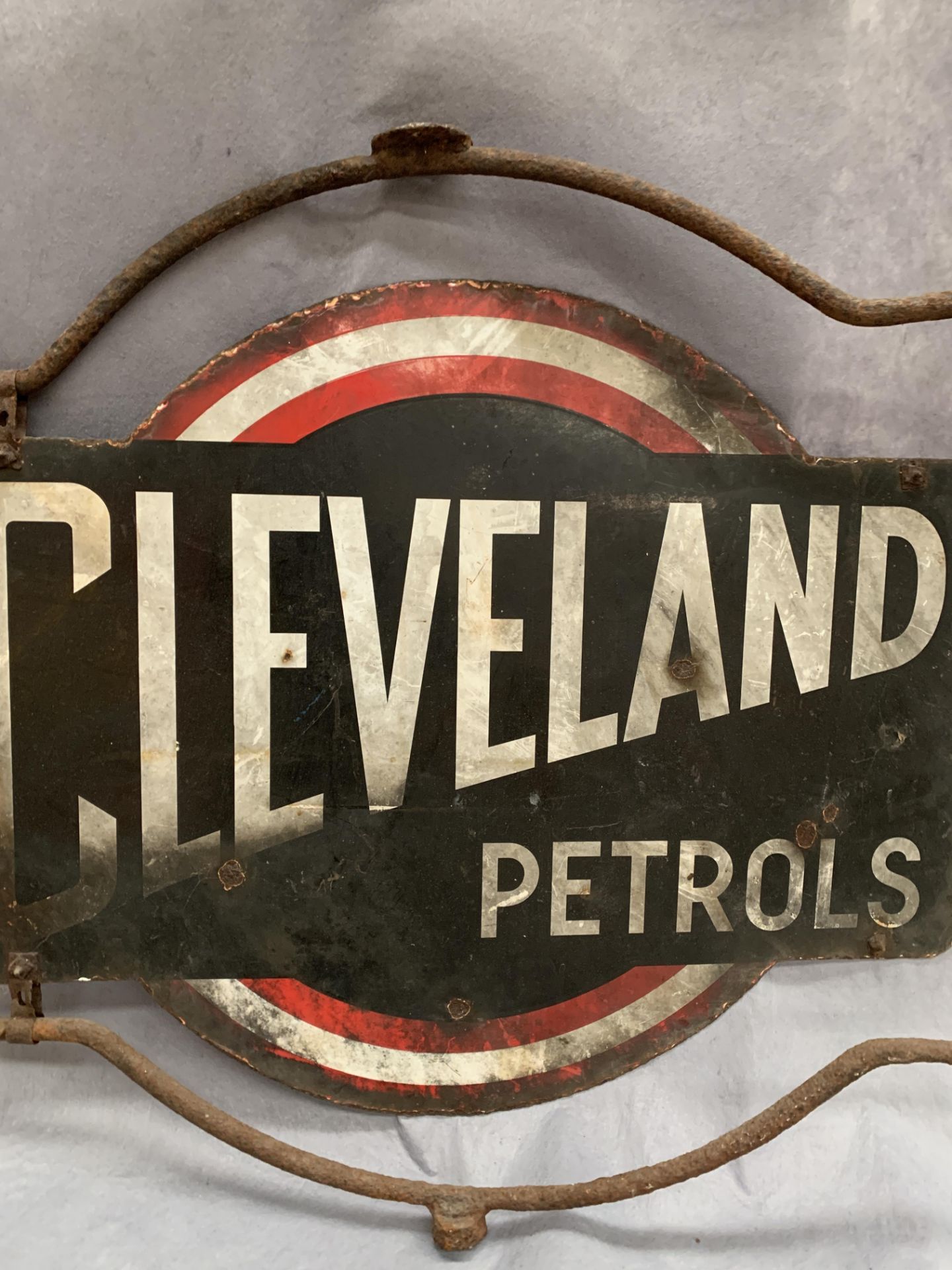 A Vintage Cleveland Petrols double sided revolving metal sign 67 x 60cm on metal frame - Image 4 of 9