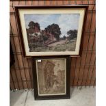 E W Waite framed print village scene 38 x 50cm and a framed tapestry 18th century French town scene