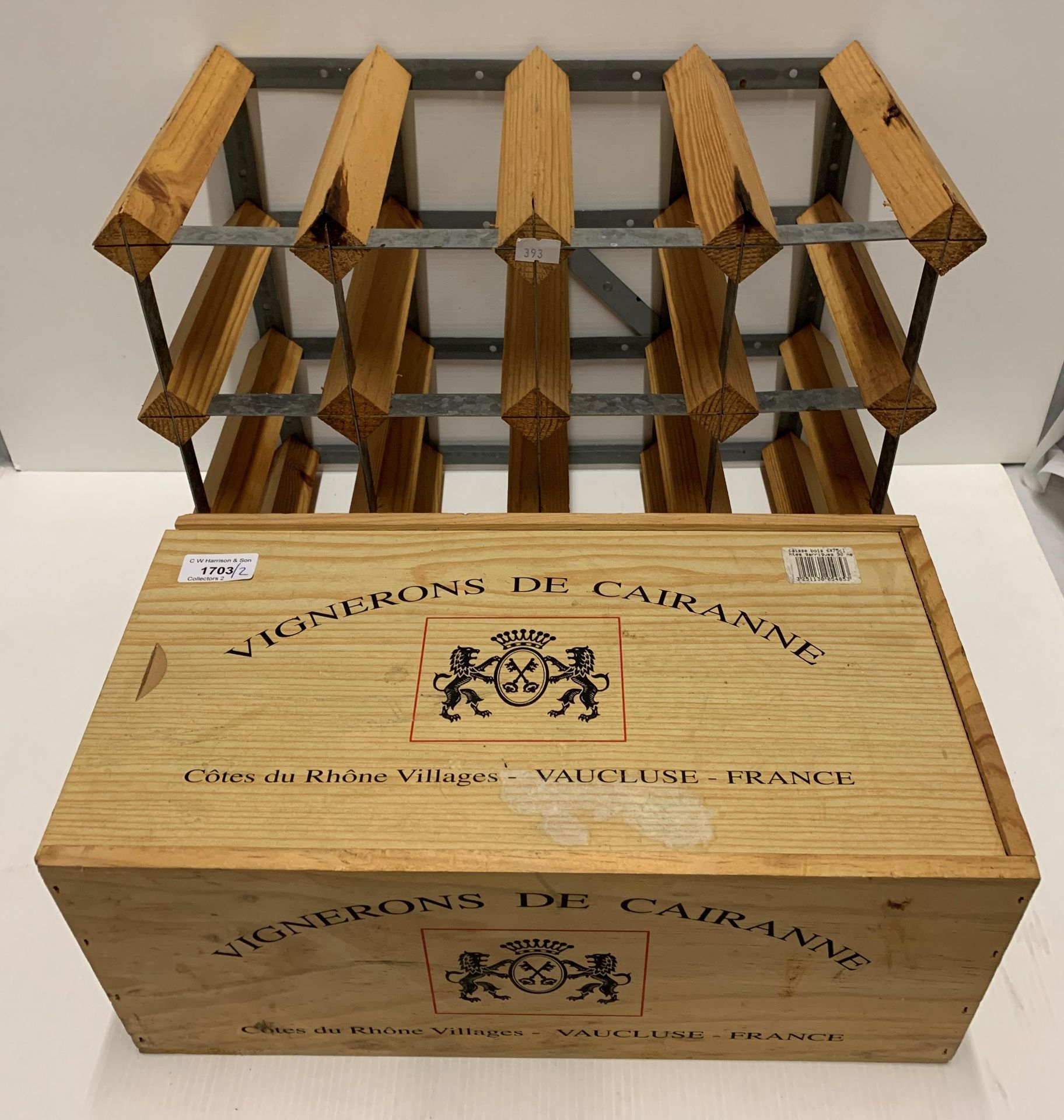 A small wine box Vignerons de Cairane 22 x 40 x 17cm high and a small sixteen bottle wine rack
