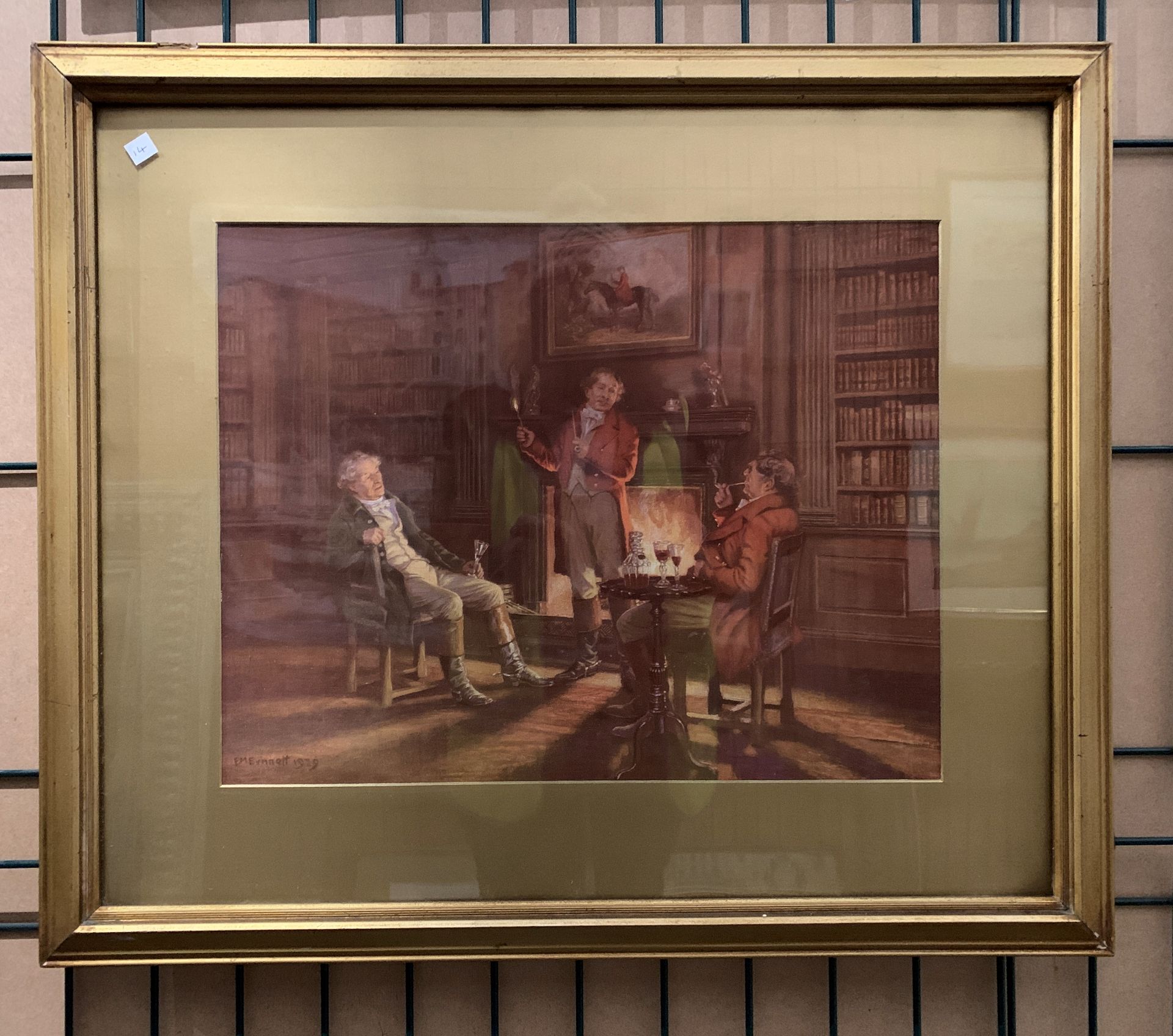 F M Bennett 1929 two gilt framed 19th century interior scenes 'gentlemen examining their catch' and - Image 3 of 3