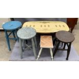 Four various painted stools and a mid 20th century perspex topped coffee table (5)