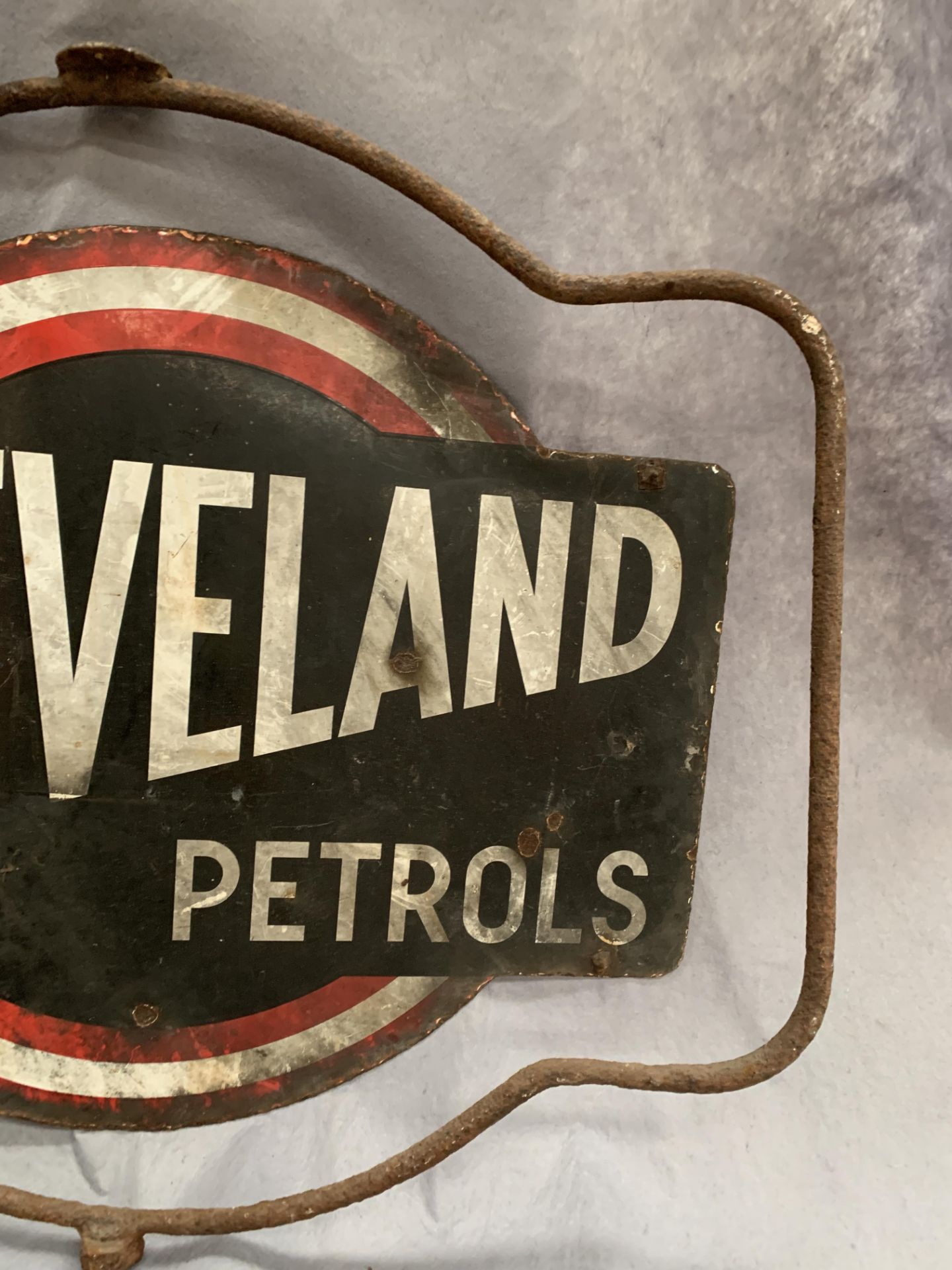 A Vintage Cleveland Petrols double sided revolving metal sign 67 x 60cm on metal frame - Image 5 of 9