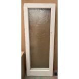 Two white painted internal doors with etched bamboo leaf pattern glass 76 x 196cm high