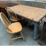 A pine topped dining table with four grey painted legs 93 x 153cm together with four light wood (1