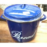 A blue enamel bread bin with lid 30cm high x 30cm dia