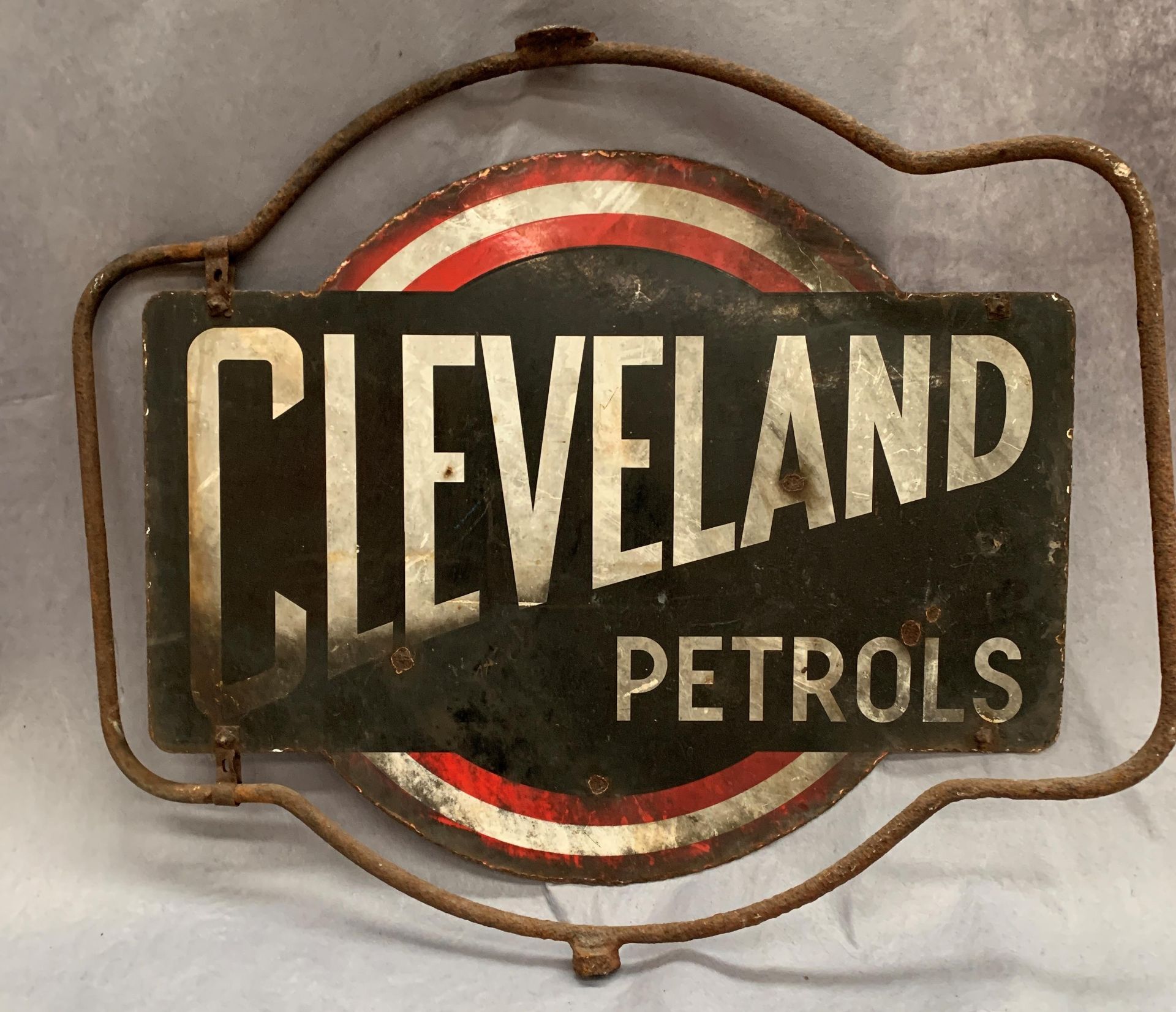 A Vintage Cleveland Petrols double sided revolving metal sign 67 x 60cm on metal frame - Image 2 of 9