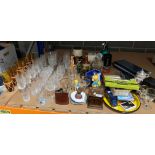 Contents to part of rack drink related items - various glasses, decanter, soda syphon,