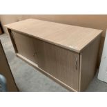 A light oak finish two sliding door office side board 160cm long complete with key *please note