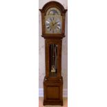 A Comitti London brass and metal faced longcase clock in mahogany finish case 186cm high