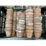 One plastic crate containing 100 clay plant pots various sizes mainly 8-12cm