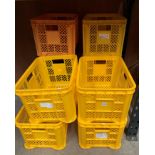 Ten mainly yellow plastic stacking crates each 50 x 36 x 50cm deep - Please note: there is an