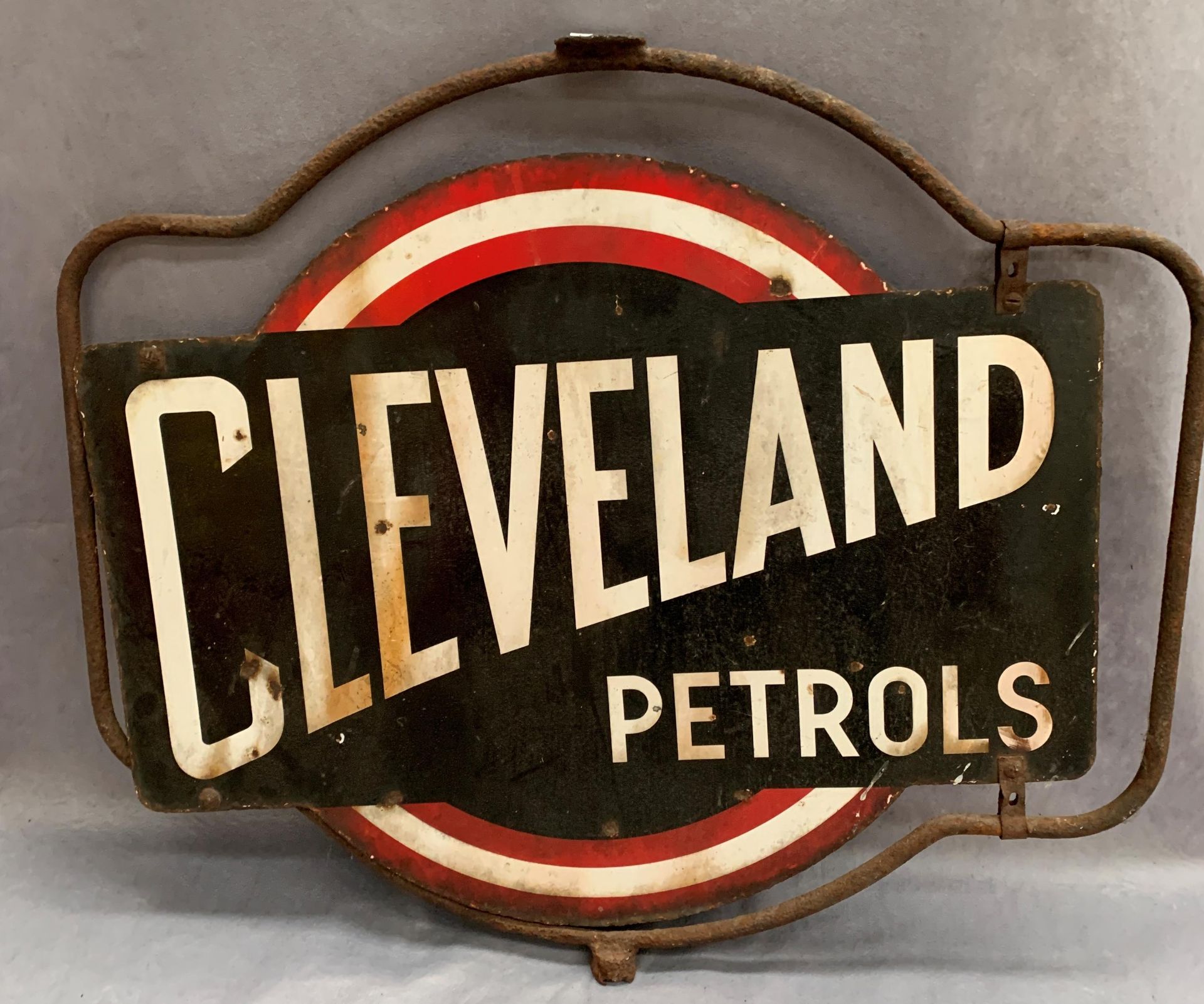 A Vintage Cleveland Petrols double sided revolving metal sign 67 x 60cm on metal frame - Image 6 of 9