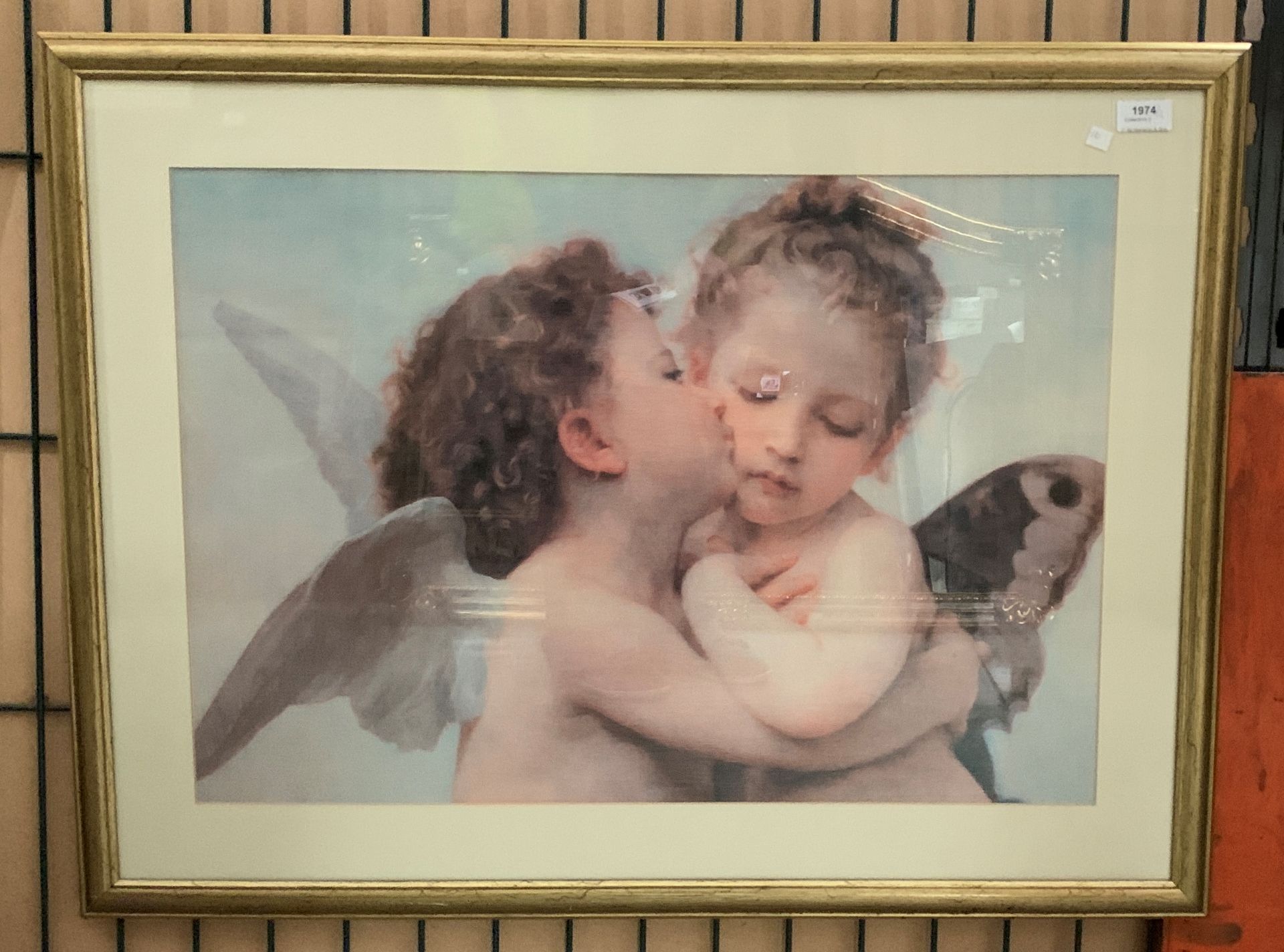 Large gilt framed print 'Fairies Kissing' 47 x 66cm and a tapestry wall hanging 'Mediterranean