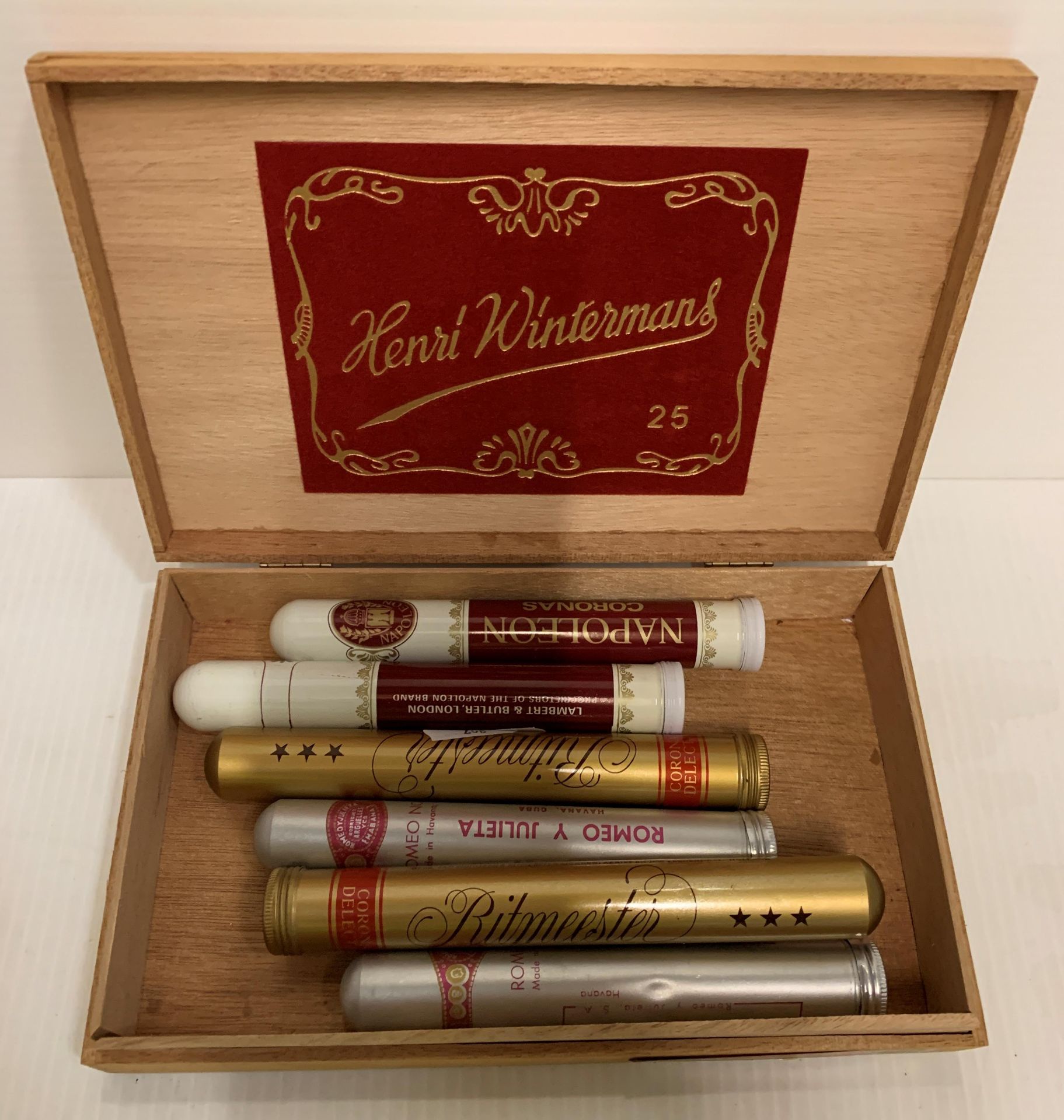 Two cigar boxes containing eight individual cigars in cylinders (3 Napoleon Coronas, - Image 2 of 3