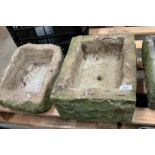 Two sandstone stone troughs the largest 38 x 36 x 15cm and the smaller 38 x 26 x 13cm