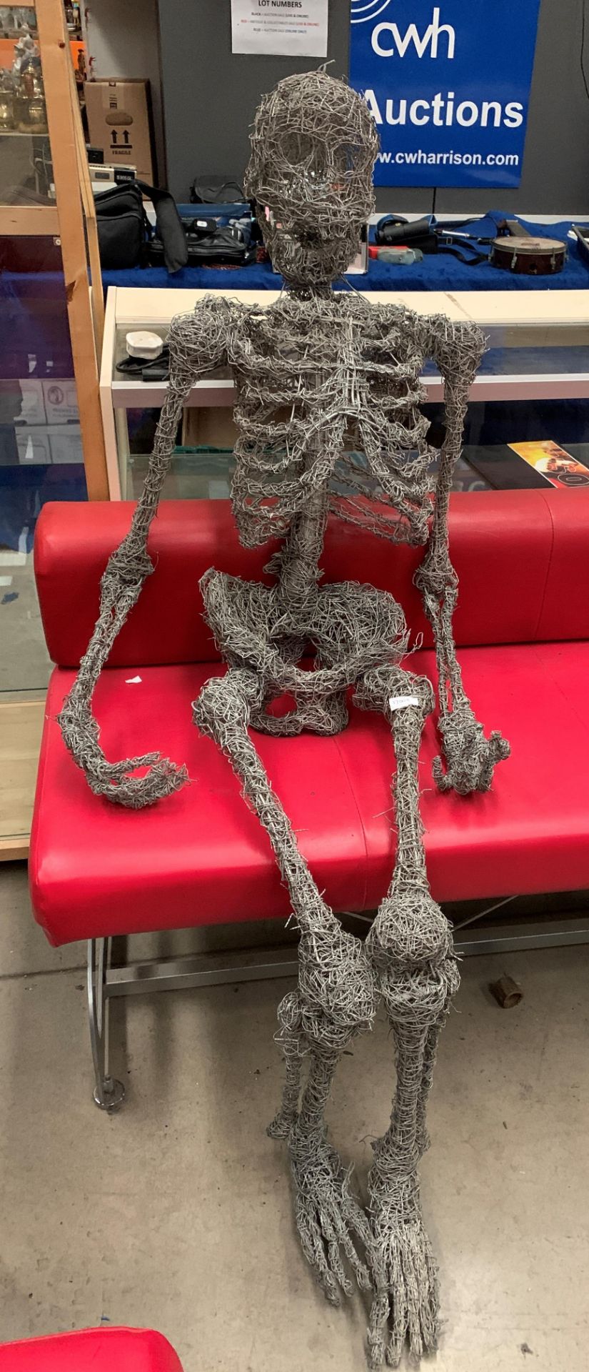 A lifesize wirework model of a seated skeleton total height approx 130cm - Image 7 of 8