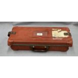 A brown fibre and metal post office case 42 x 16 x 13cm high