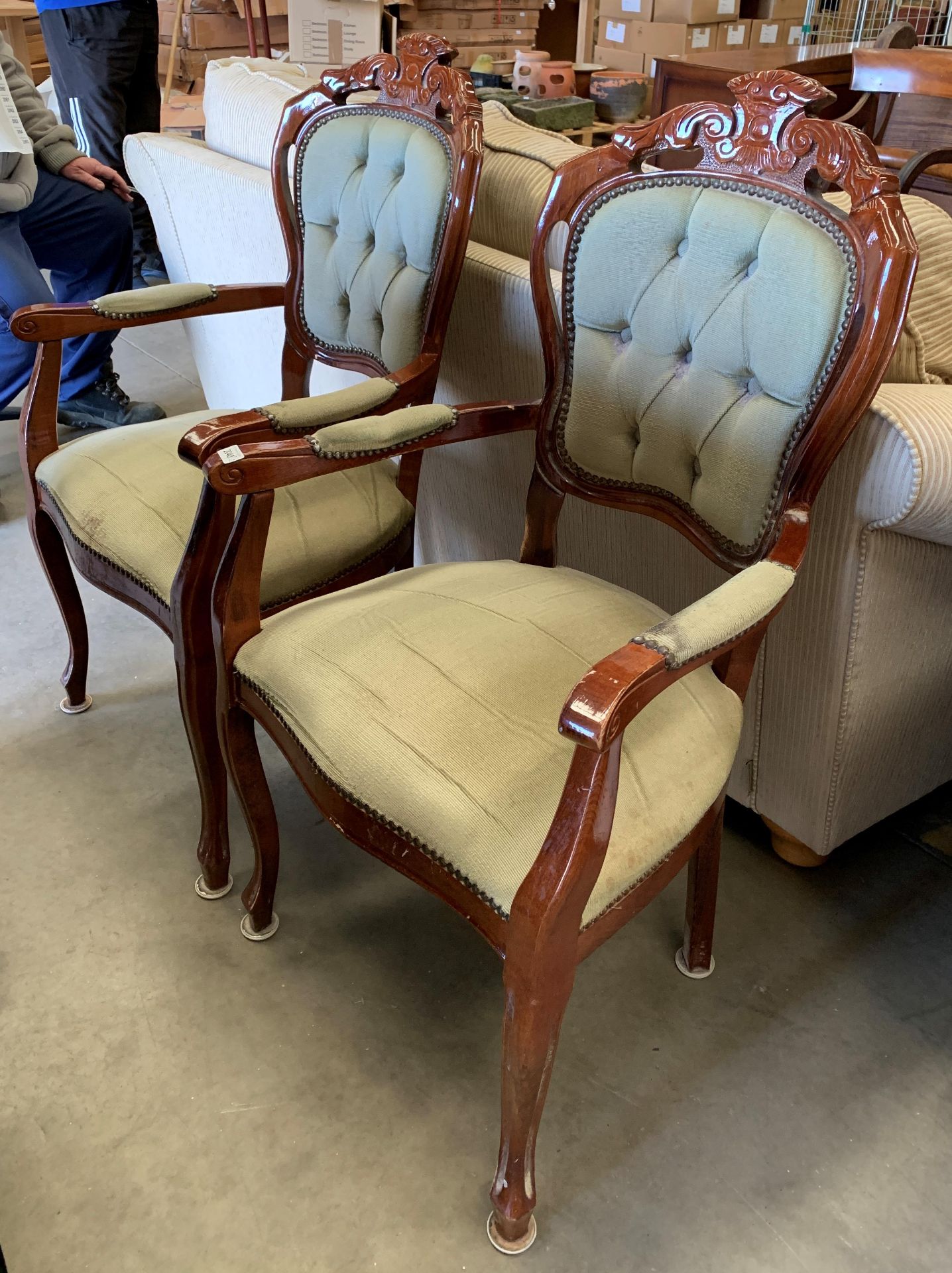 A pair of Continental style medium wood finish armchairs with light green buttoned back back pad - Image 2 of 2