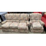 A G Plan two piece lounge suite with beige and green floral patterned upholstery comprising three
