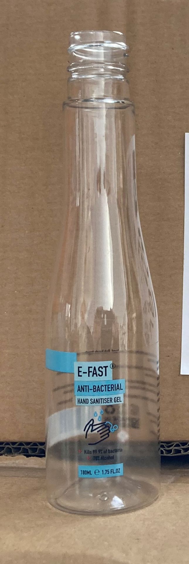 1 x box of 150ml empty plastic bottles labelled E-Fast Anti-Bacterial Sanitiser Gel (approx.