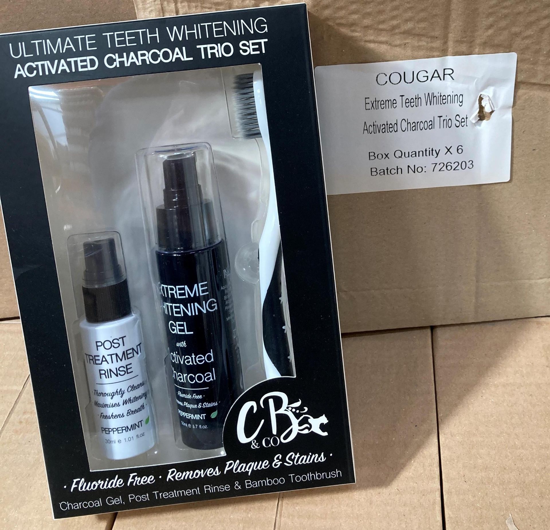2 x boxes of Cougar Extreme Teeth Whitening Activated Charcoal trio sets (6 units per box)