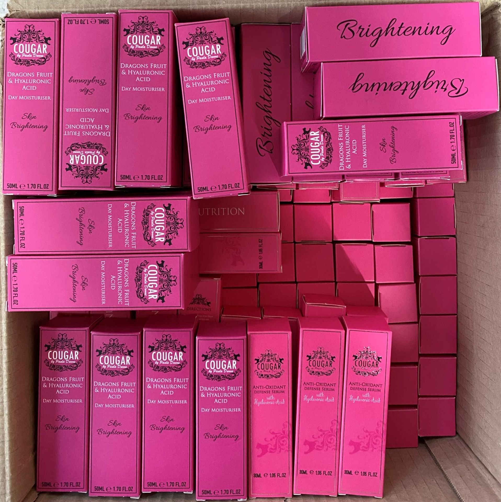 Approximately 240 x boxes of assorted Cougar 50ml Dragons Fruit & Hyaluronic Acid Day Moisturiser