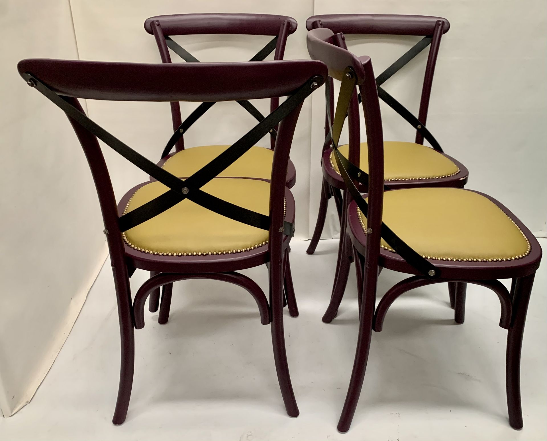 4 x Palm dark purple wooden dining chairs with raw coloured leather effect seats - 51cm x 55cm x - Image 3 of 3