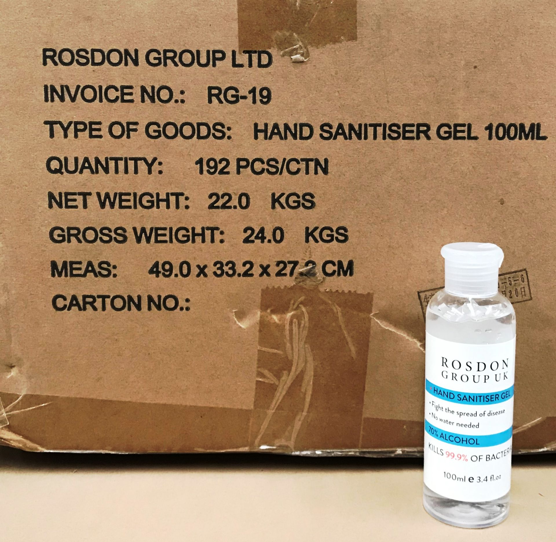 768 x bottles Rosdon Group hand sanitiser gel - 100ml (4 boxes)