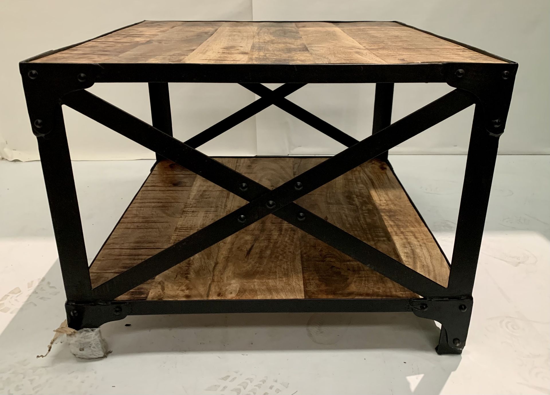 A black metal framed two tier wood plank coffee table - 60cm x 60cm x 45cm