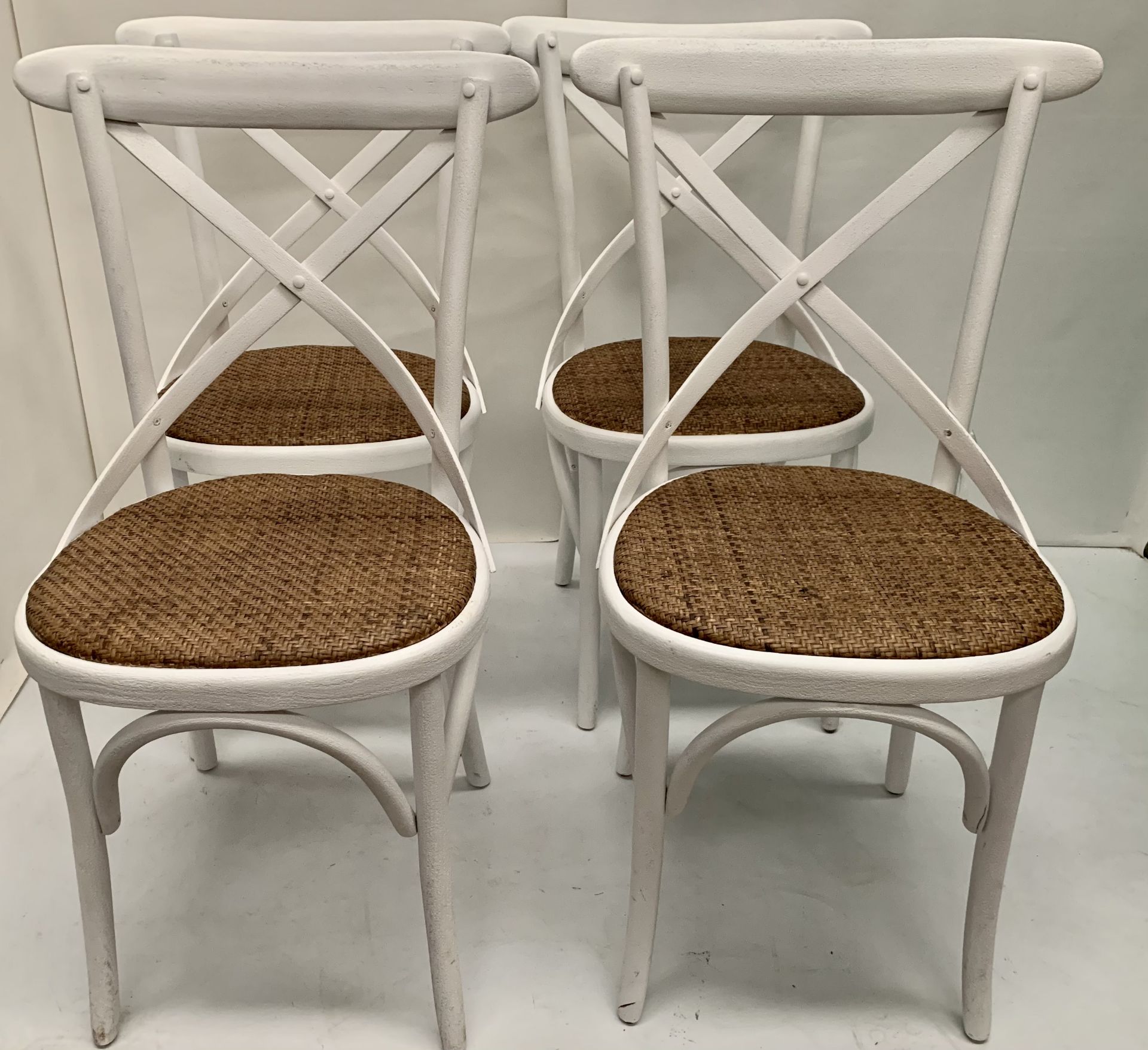 8 x Palm white wooden dining chairs with hessian seats,