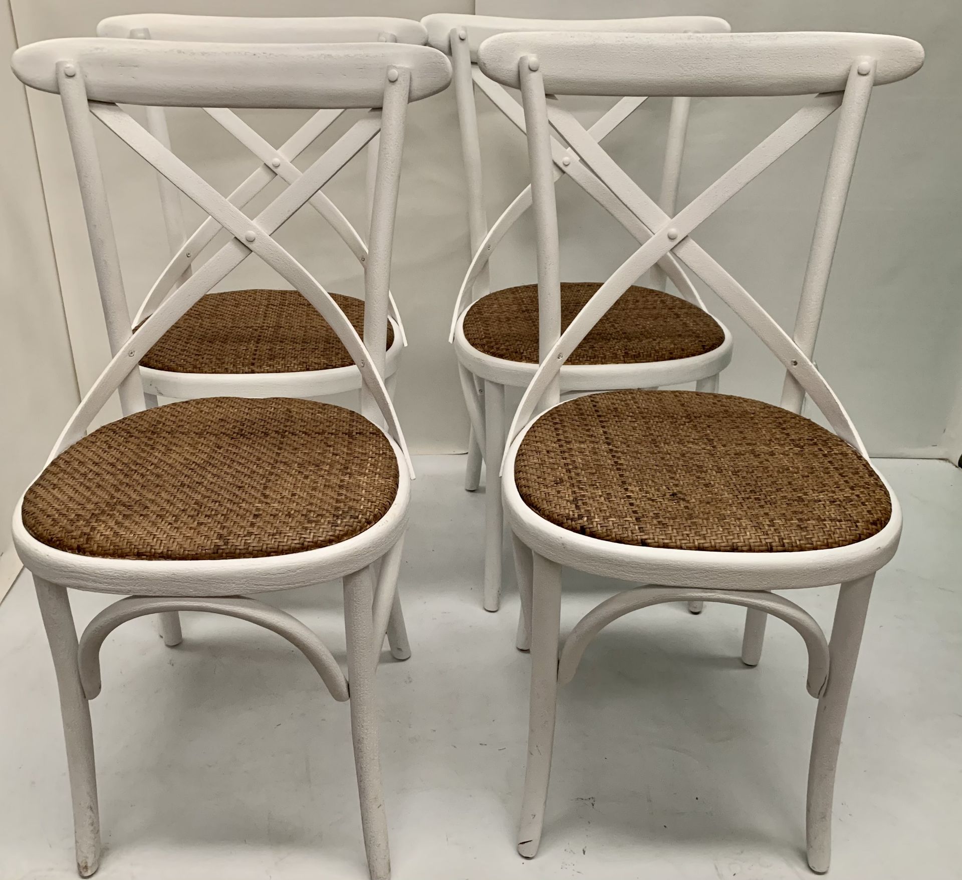 4 x Palm white wooden dining chairs with hessian seats,