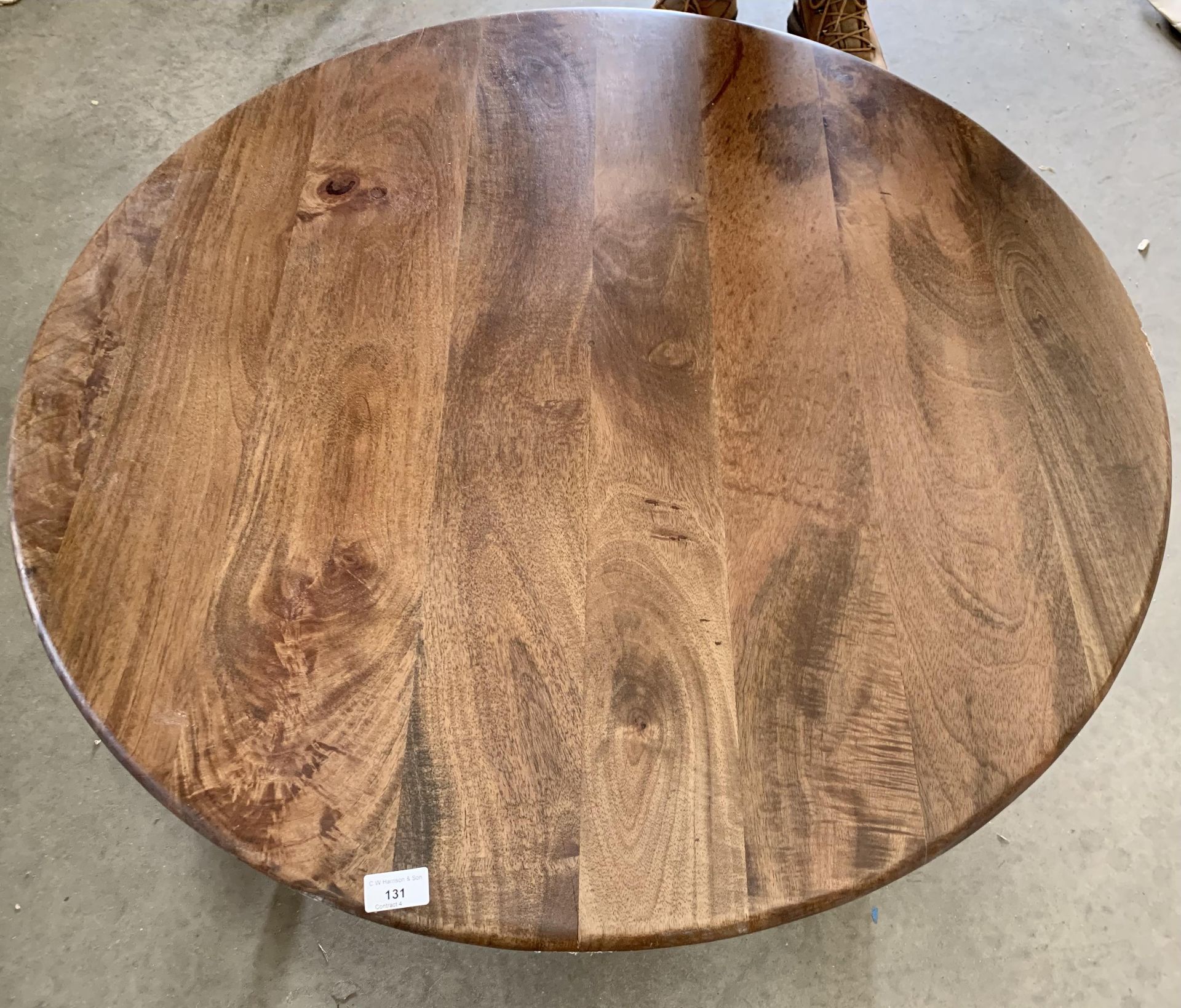 Hardwood retro round coffee table - 90cm x 90cm x 40cm - built up for photo (unboxed) with damage