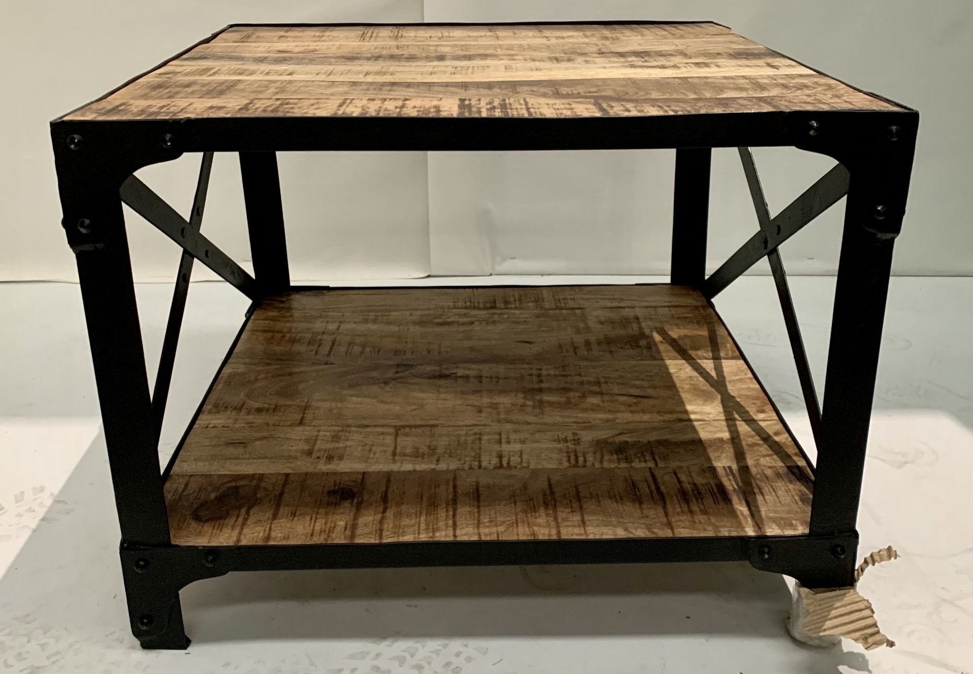 A black metal framed two tier wood plank coffee table - 60cm x 60cm x 45cm - Image 3 of 3