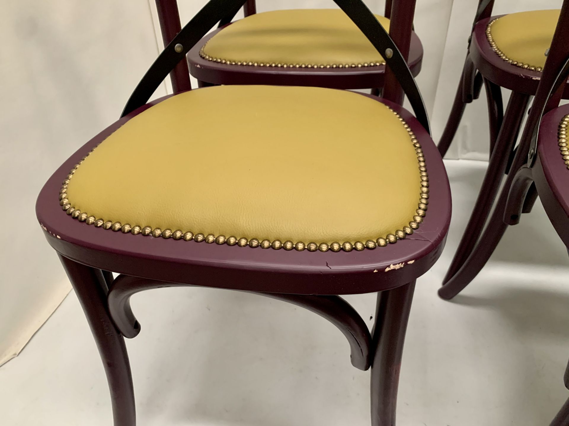 4 x Palm dark purple wooden dining chairs with raw coloured leather effect seats - 51cm x 55cm x - Image 2 of 3