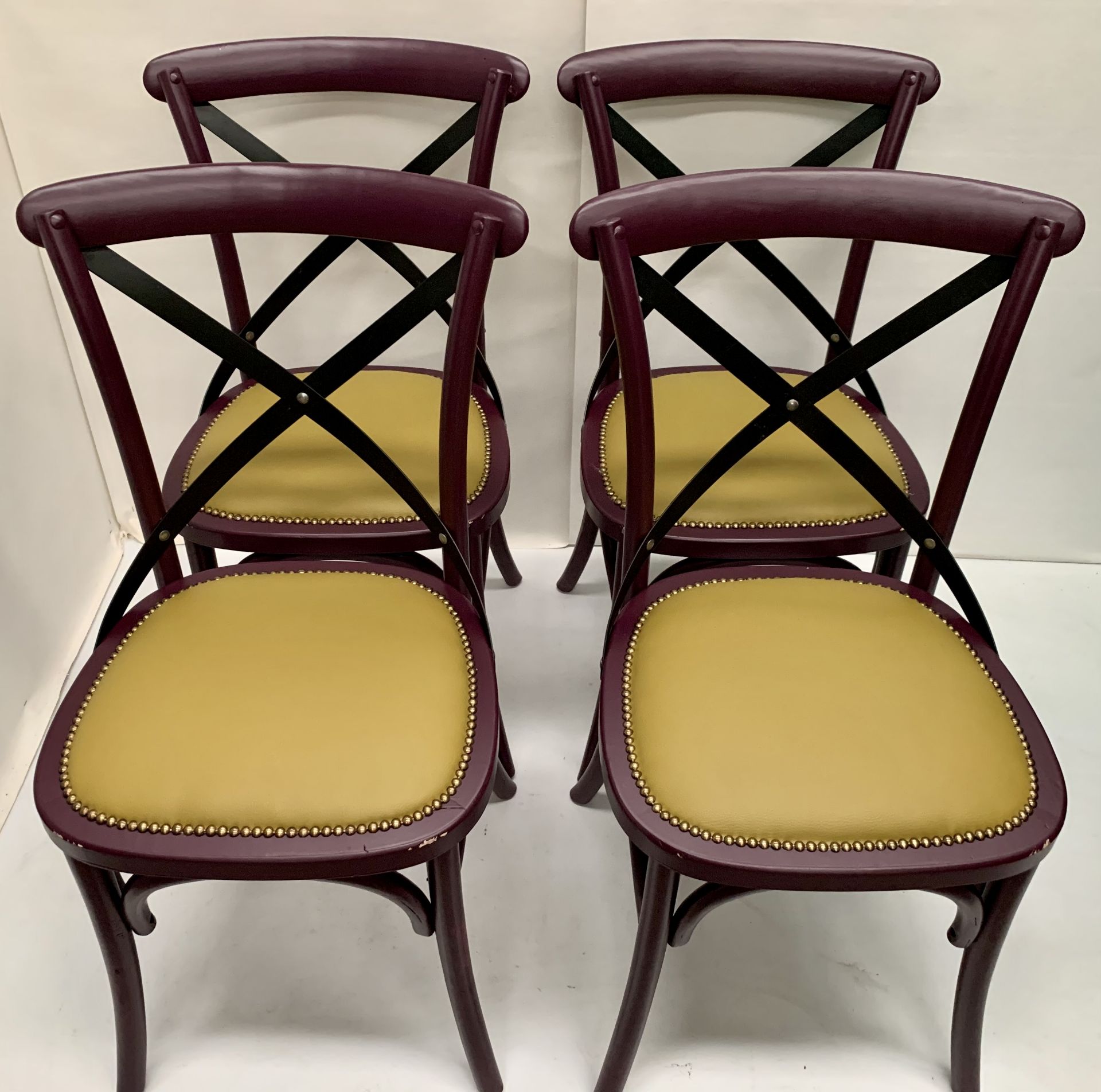 4 x Palm dark purple wooden dining chairs with raw coloured leather effect seats - 51cm x 55cm x