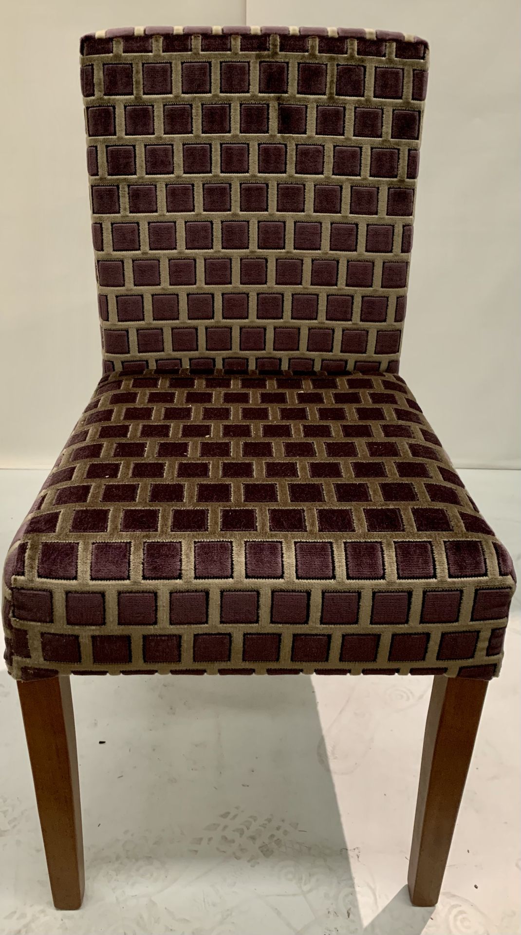A velor purple square pattern upholstered dining chair - (1 outer box)