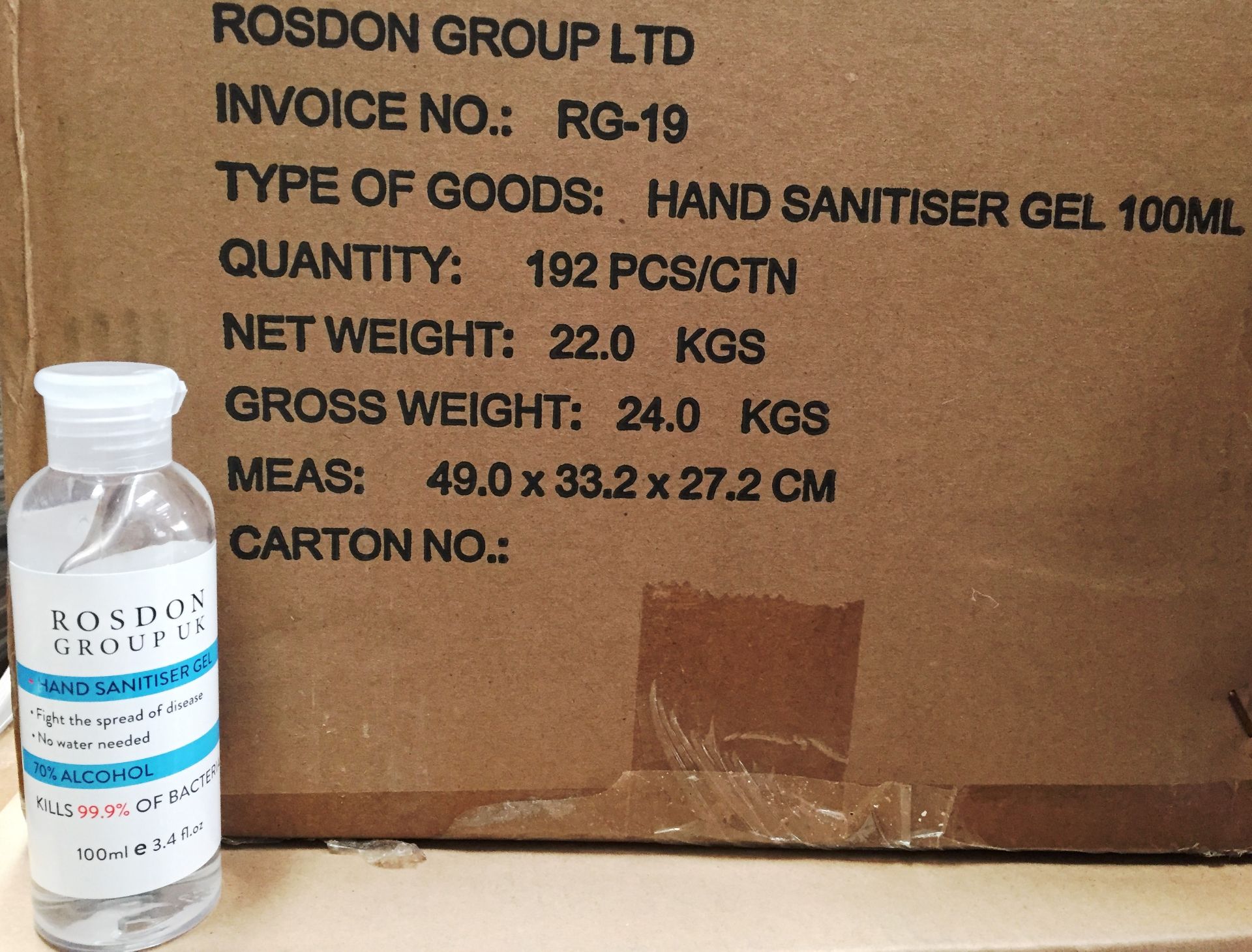 1 x box Rosdon Group Ltd 100ml hand sanitiser (192 units per box) - Image 3 of 3